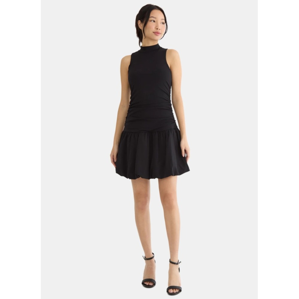 Women Black Mock Neck Ruched Bubble Hem Mini Dress Sleeveless‎ Drop Waist